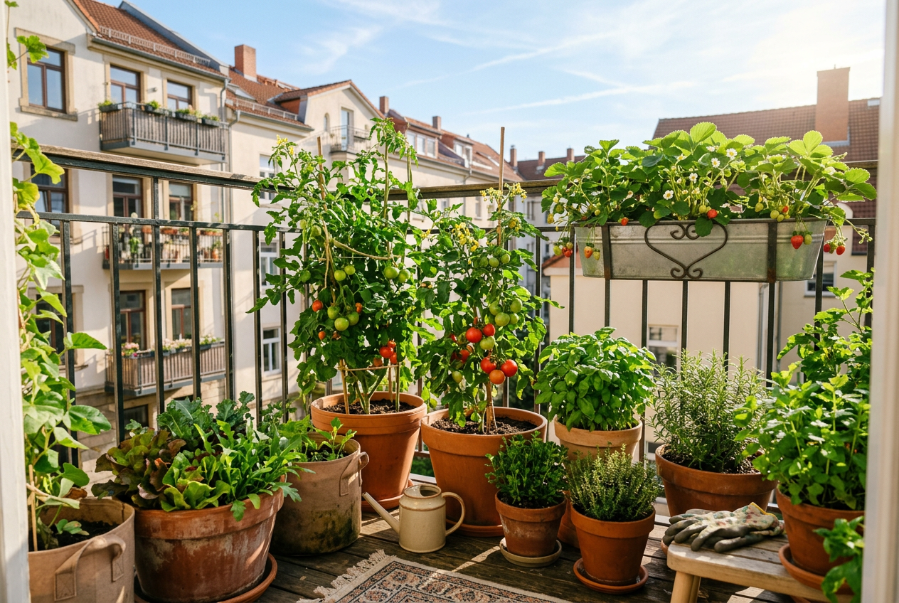 Vegetable pots and a tomato plant on a sunny apartment balcony