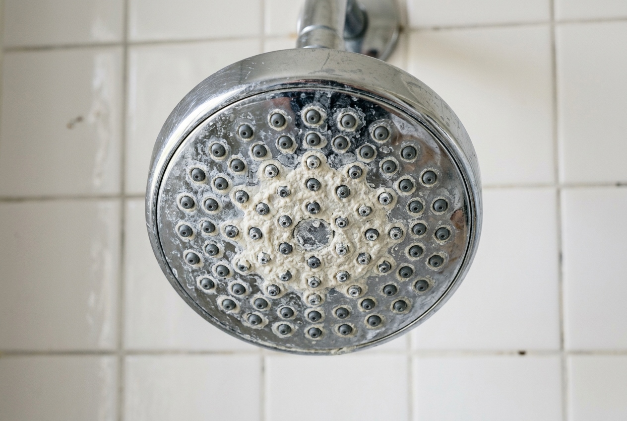 Chrome shower head with limescale deposits around the nozzles