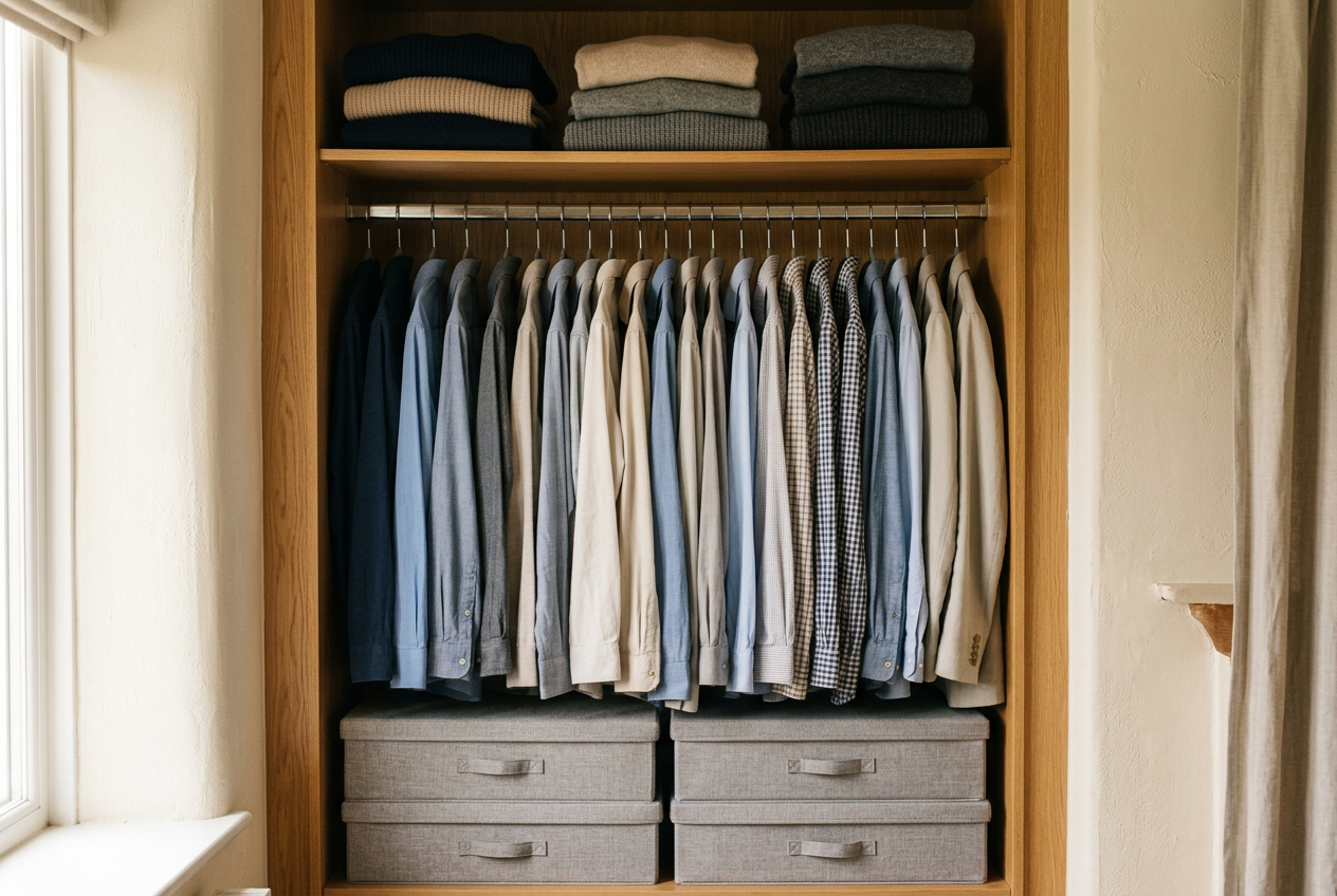 Narrow bedroom wardrobe with clothes hung on matching slim hangers