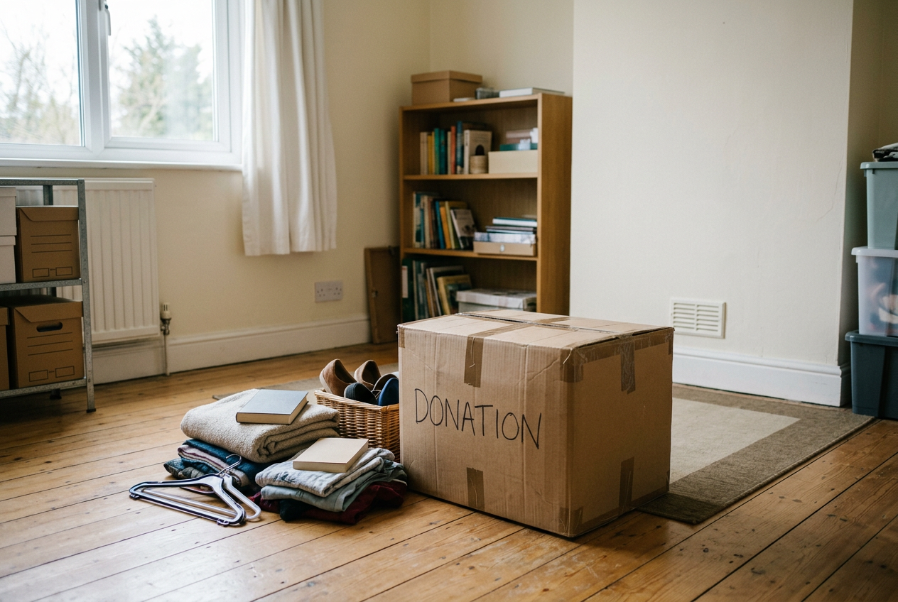 Half-sorted room with a filled donation box and clear floor space