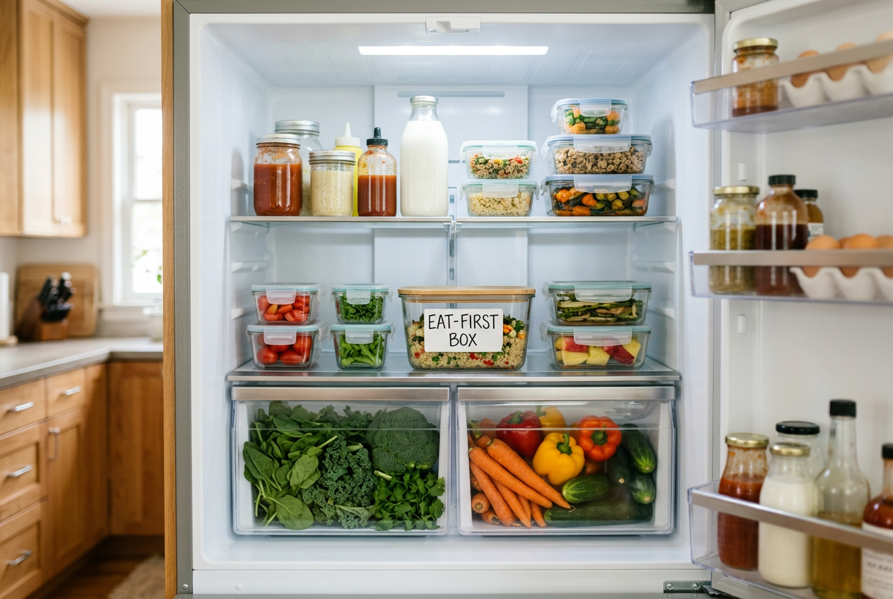 Open fridge with clear containers and an eat-first box on the middle shelf