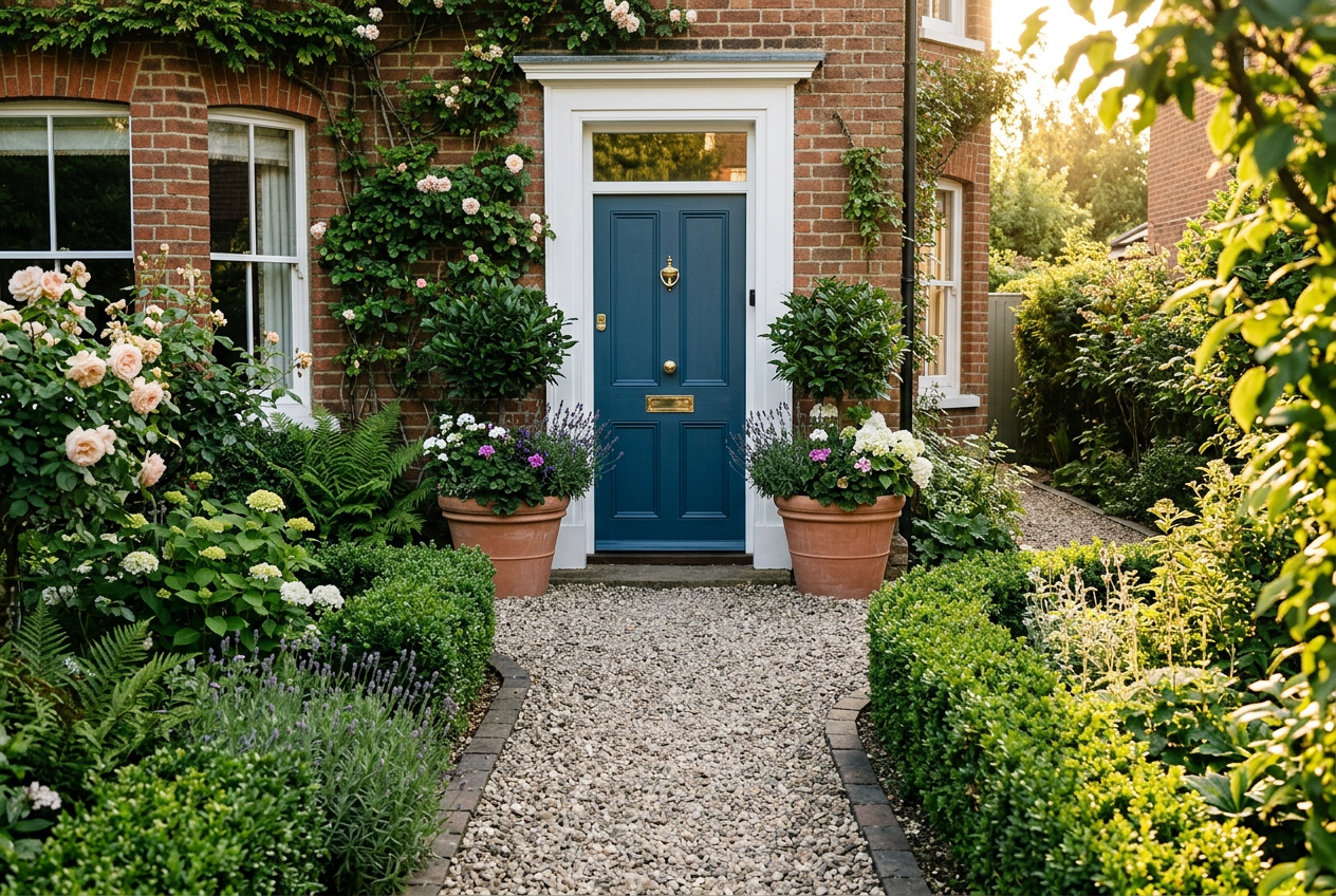 Small front garden path with planters beside a freshly painted door