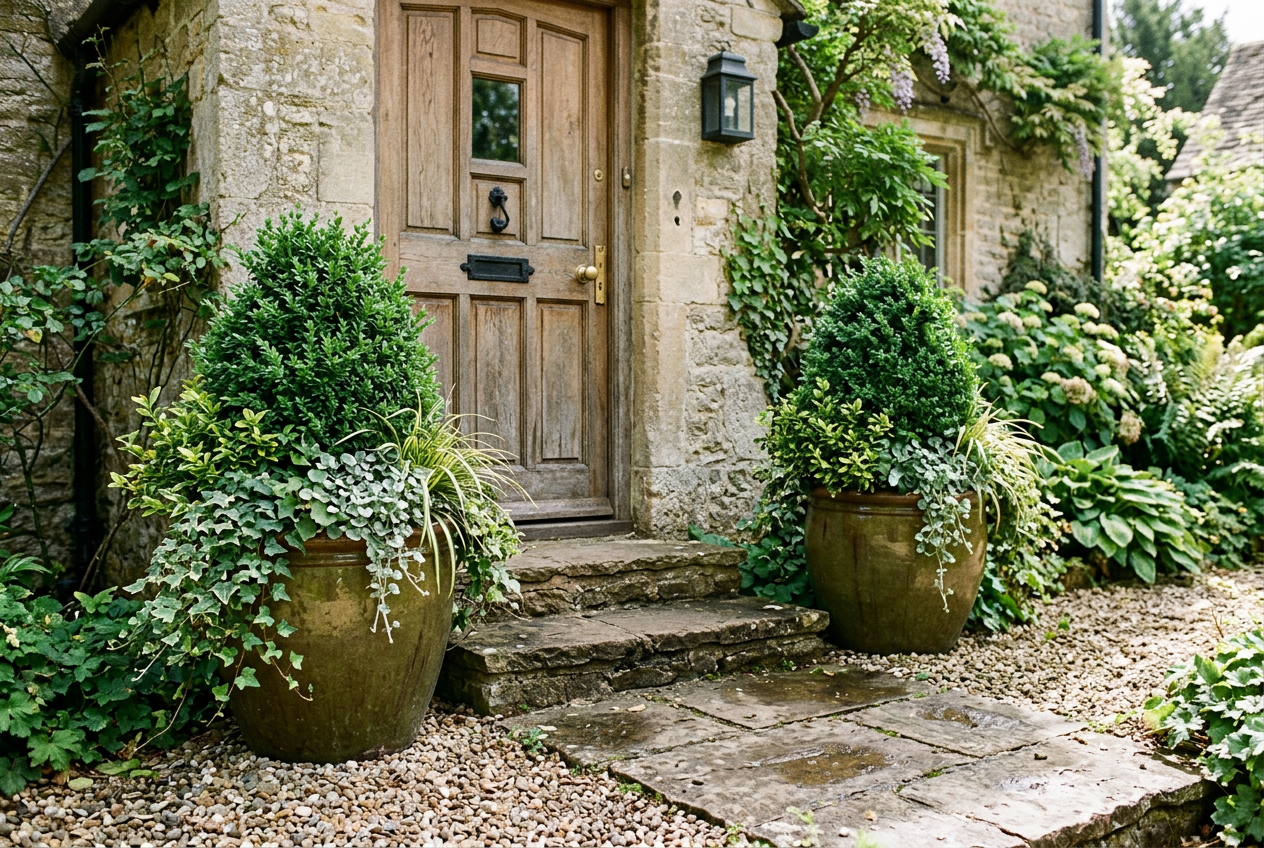 Put two large matching planters by the door