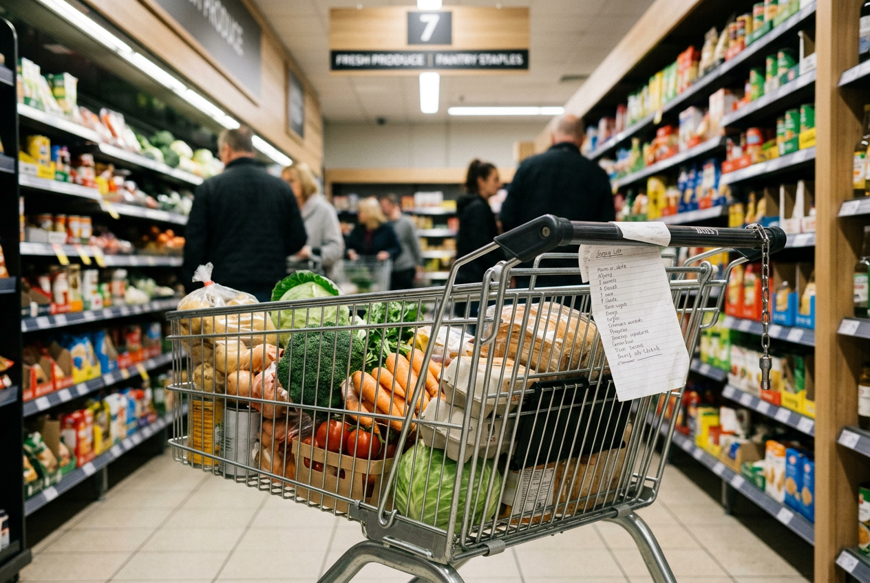Shopping trolley in a supermarket aisle with a handwritten list