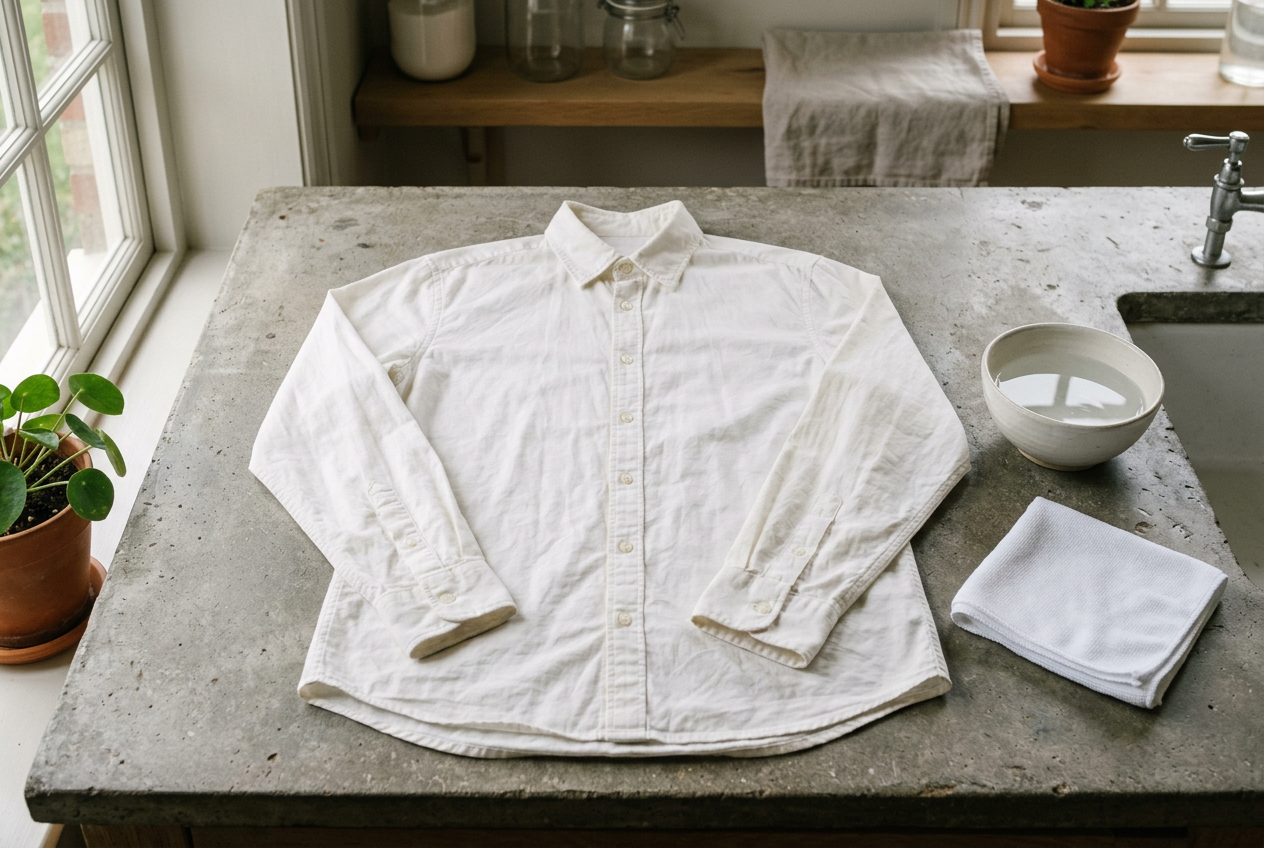 White shirt laid flat on a counter beside a bowl of cold water and a cloth