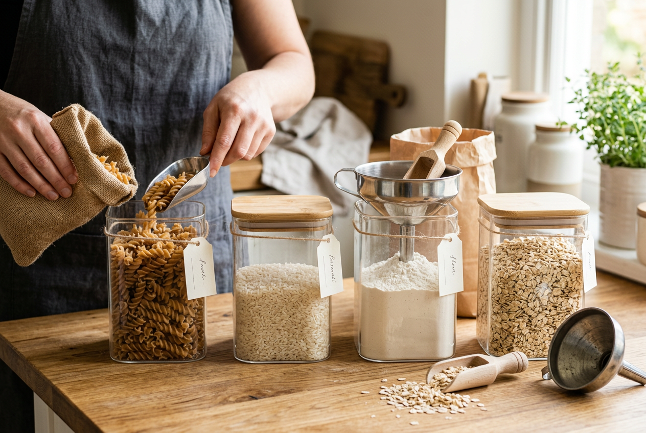 Decant dry goods into square containers
