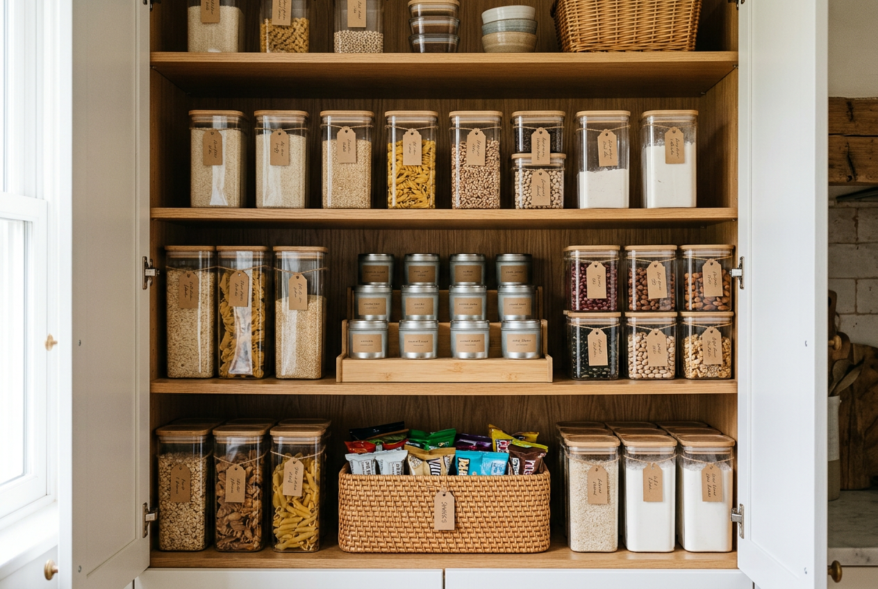 Organised pantry cupboard with clear containers and tiered tins