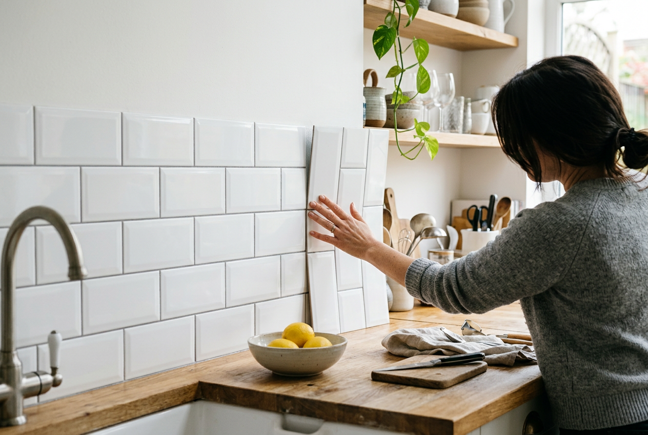 Put a peel-and-stick splashback over tired kitchen tiles
