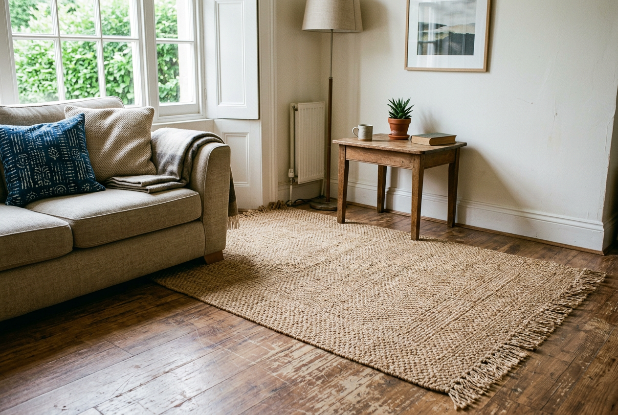 Cover bad flooring with a rug large enough to matter