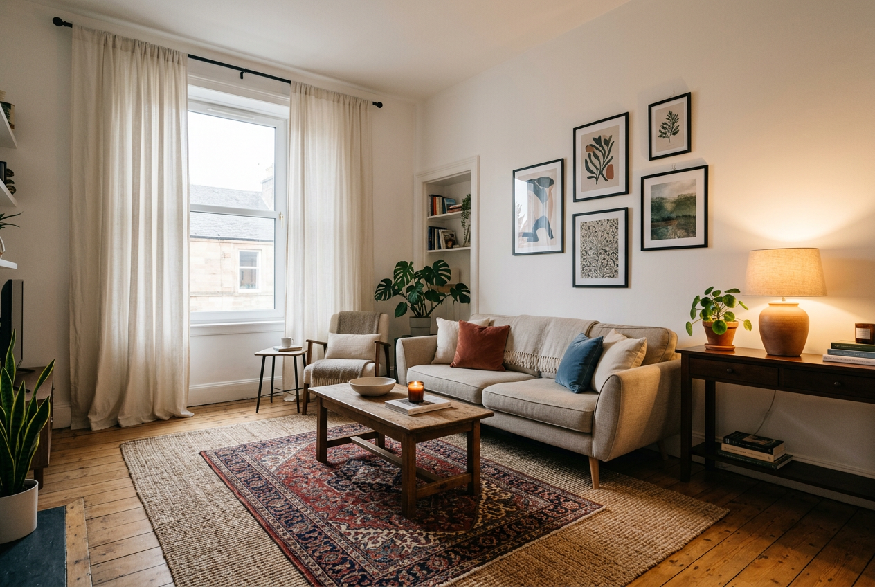 Rented living room with a layered rug, lamp and curtains hung high