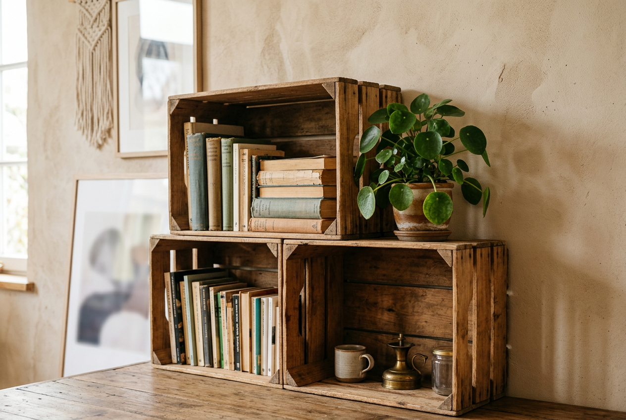 Wooden crates and pallets as open shelving