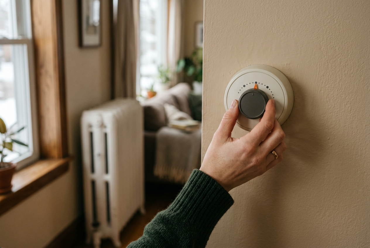 Hand adjusting a round wall thermostat in a living room